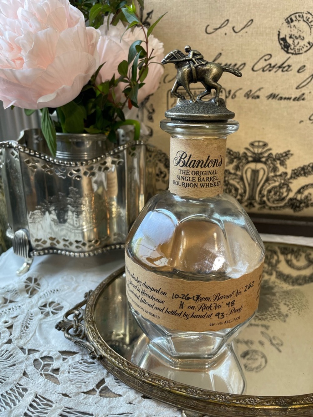 Vintage Blantons glass bottle antique brass horse jockey Equestrian old money